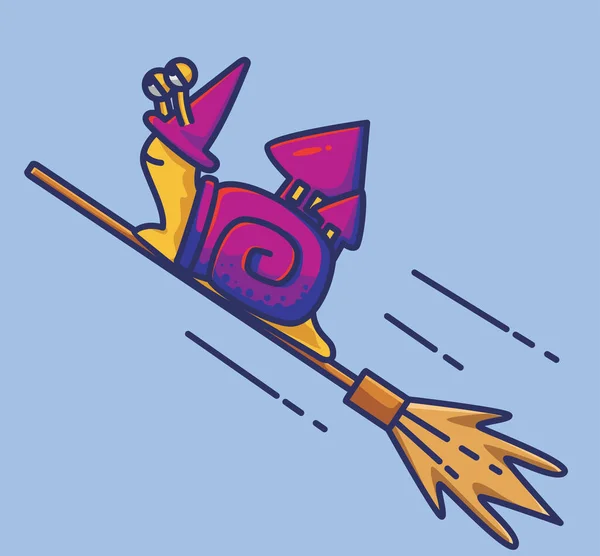 Cute Snail Witch Flying Broom Halloween Animal Flat Cartoon Style — Stockový vektor