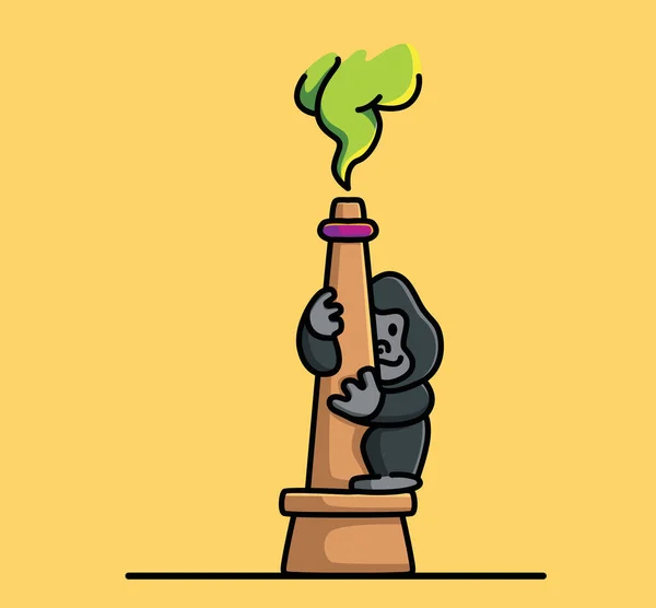 Cute Kong Gorilla Climbing Tower Factory Animal Cartoon Isolated Flat — Image vectorielle