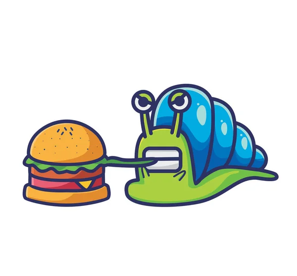 Cute Hungry Snail Eating Burger Cartoon Animal Food Concept Isolated — Stockový vektor