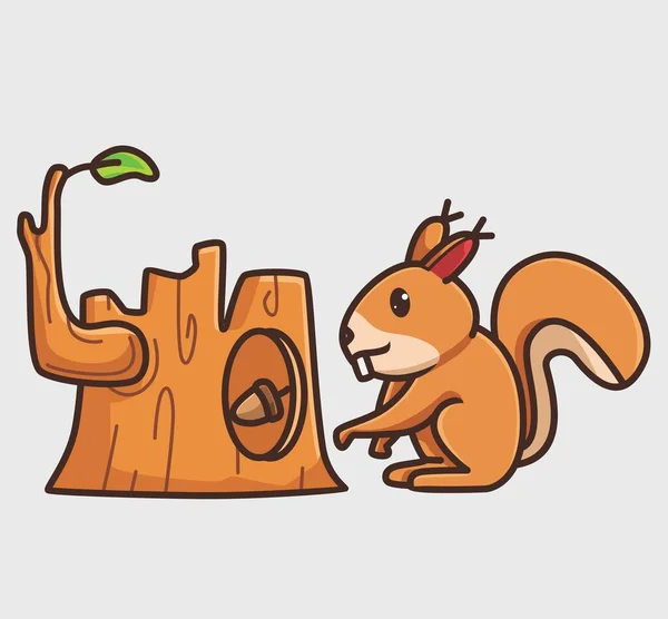 Cute Squirrel Collect His Nut Tree Hole Cartoon Animal Nature — Archivo Imágenes Vectoriales