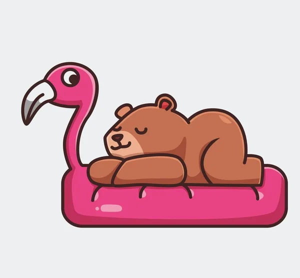 Cute Grizzly Bear Brown Sleeping Flamingo Bed Cartoon Animal Nature — Vettoriale Stock