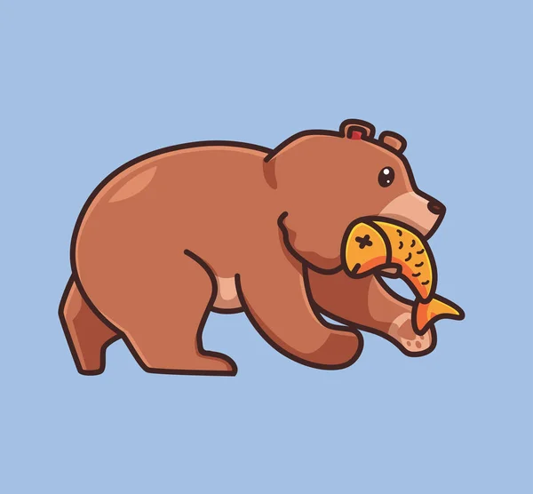 Cute Grizzly Bear Brown Catching Salmon Fish River Cartoon Animal — Vettoriale Stock