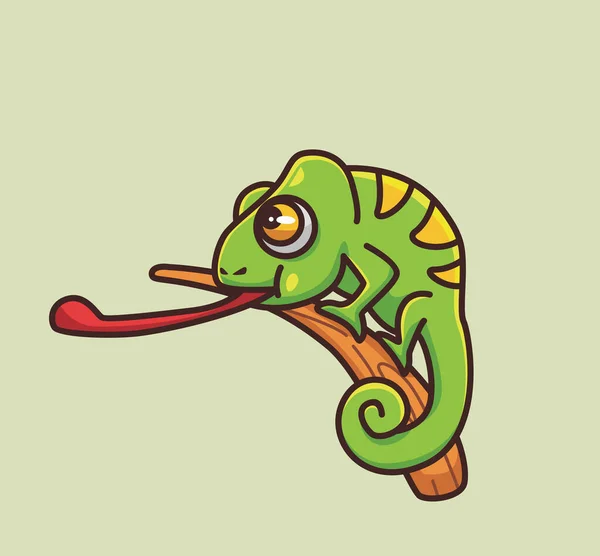 Cute Chameleon Showing His Long Tongue Cartoon Animal Nature Concept — Vetor de Stock