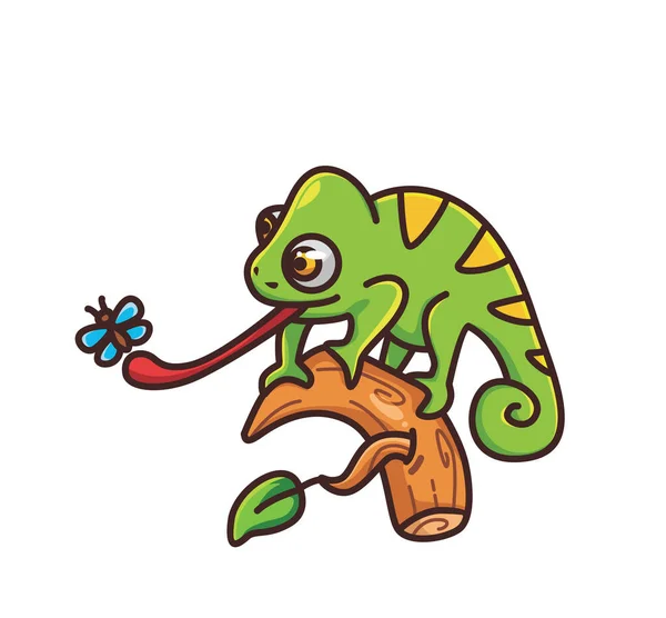 Cute Chameleon Catching Insect Bug Food Cartoon Animal Nature Concept — 图库矢量图片
