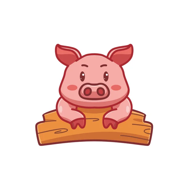 Cute Pig Wooden Board Cartoon Animal Nature Concept Isolated Illustration —  Vetores de Stock