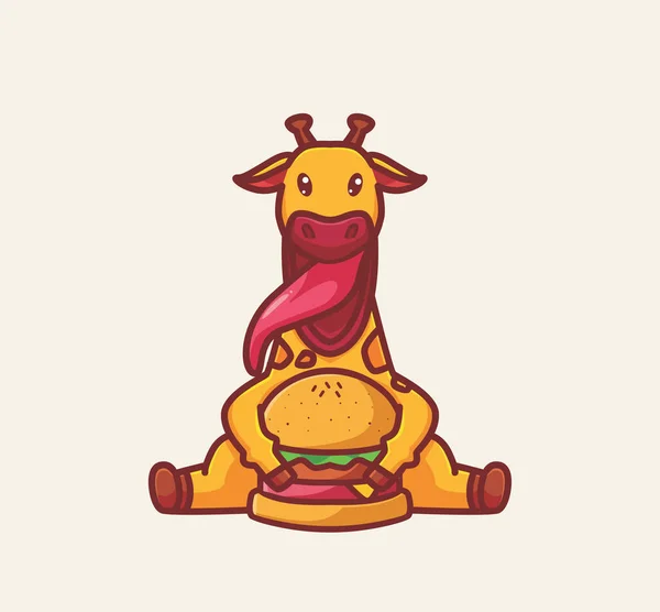 Cute Giraffe Eating Giant Burger Cartoon Animal Food Concept Isolated — Wektor stockowy