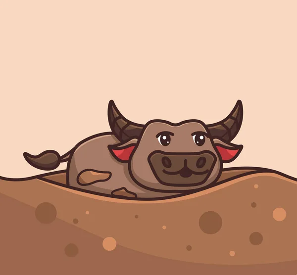 Cute Buffalo Big Horn Playing Mud Vector Illustration Cartoon Flat — Vetor de Stock