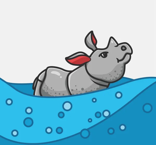 Cute Rhinoceros Water Cartoon Animal Flat Style Illustration Icon Premium — 스톡 벡터