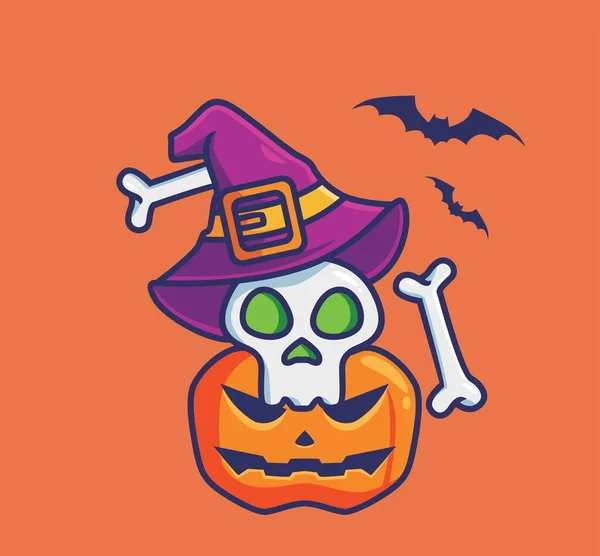 Cute Skull Wizard Pumpkin Cartoon Halloween Event Concept Isolated Illustration — 스톡 벡터