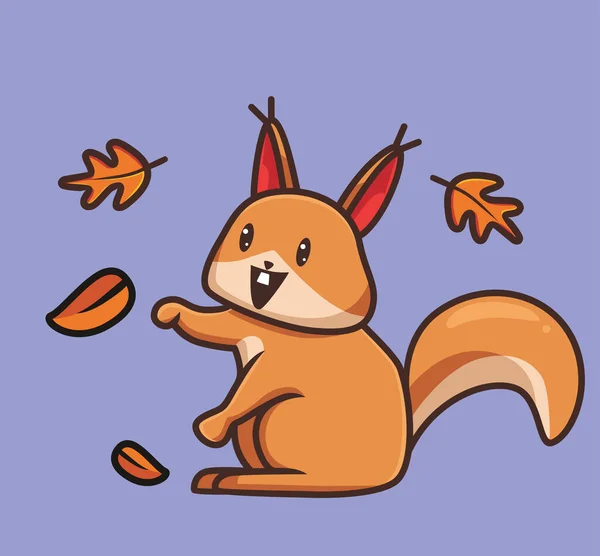 Cute Squirrel Playing Leaf Cartoon Animal Autumn Season Concept Isolated — Vettoriale Stock