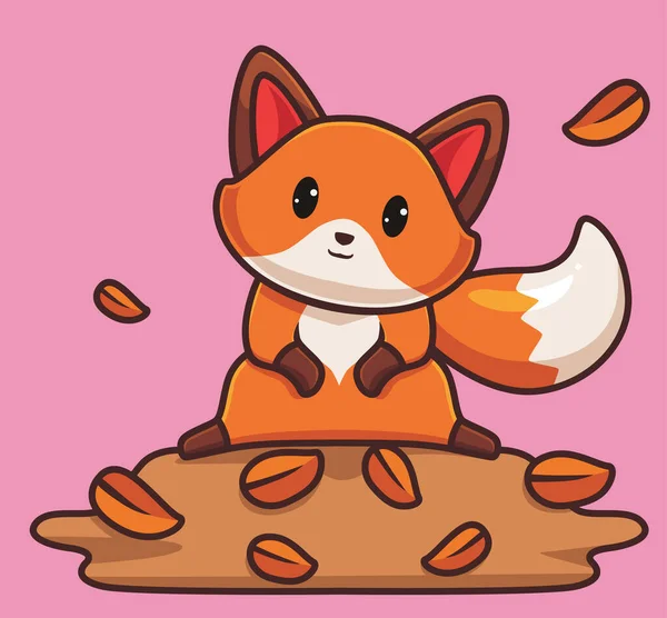 Cute Red Fox Playing Leaves Cartoon Animal Autumn Season Concept —  Vetores de Stock