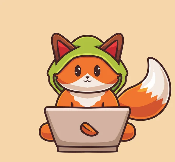 Cute Fox Hacker Laptop Isolated Cartoon Science Technology Concept Illustration — Stock Vector