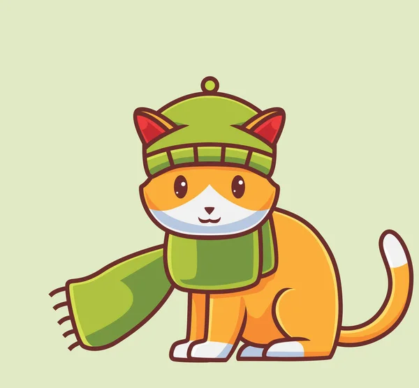 Cute Cat Wearing Scarf Balaclava Isolated Cartoon Animal Autumn Season — Stock vektor