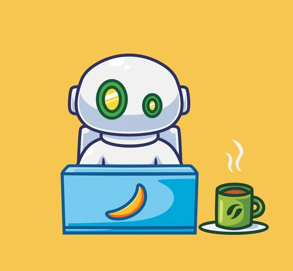 Cute Astronaut Robot Working Laptop Isolated Cartoon Person Technology Illustration —  Vetores de Stock