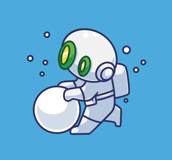 Cute Astronaut Robot Make Snowball Isolated Cartoon Person Christmas Illustration — Vettoriale Stock