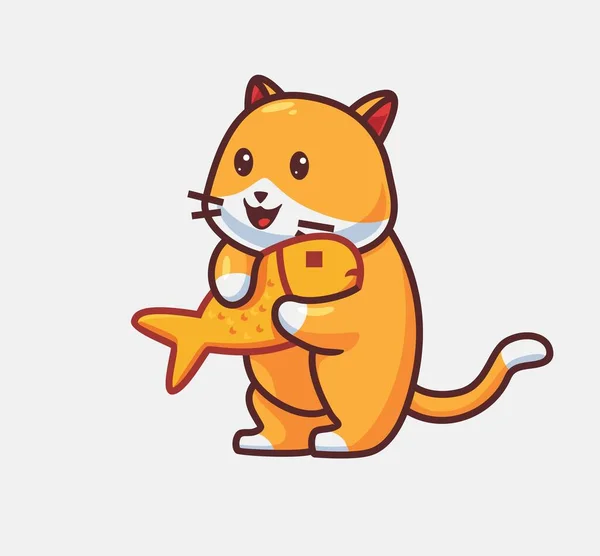 Cute Cat Holding Fish Food Isolated Cartoon Animal Food Illustration — Stock vektor