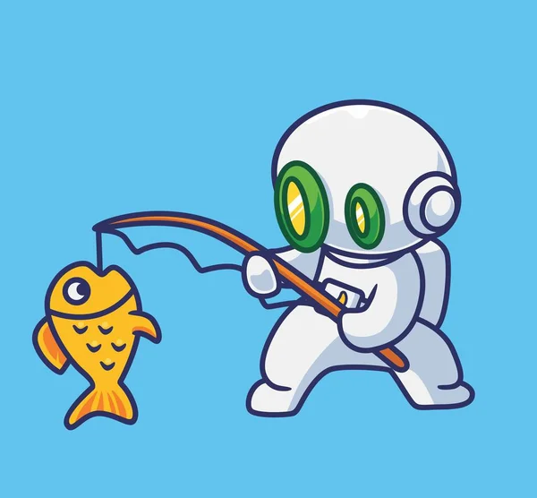 Cute Astronaut Robot Fishing Salmon — Stock vektor
