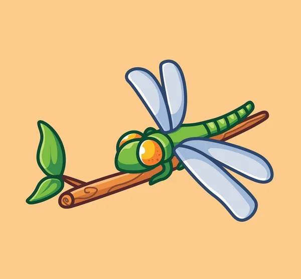 Cute Dragonfly Perch Branches Isolated Cartoon Animal Nature Illustration Flat — Stock Vector