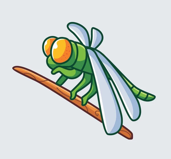 Cute Dragonfly Perch Branches Isolated Cartoon Animal Nature Illustration Flat — Stockvector
