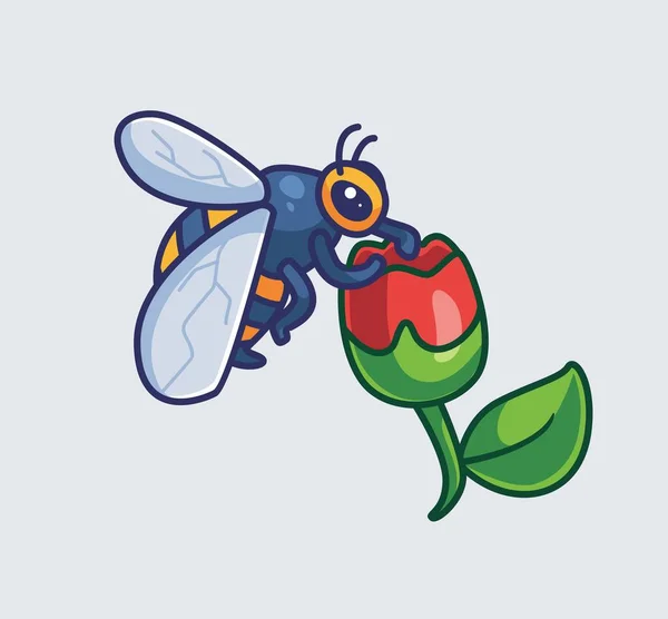 Cute Bee Perch Flower Isolated Cartoon Animal Nature Illustration Flat — Stockvector