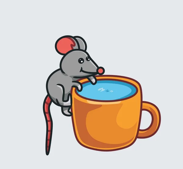 Cute Mouse Thirsty Drink Mug Isolated Cartoon Animal Nature Illustration — Stock vektor