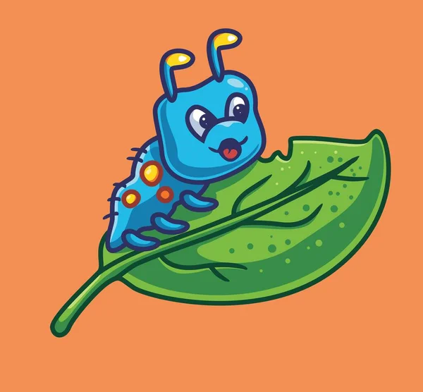 Cute Caterpillar Eating Leaf Isolated Cartoon Animal Nature Illustration Flat — Stock Vector