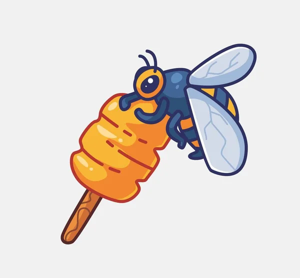 Cute Bee Honey Stick Isolated Cartoon Animal Nature Illustration Flat — Stockvektor