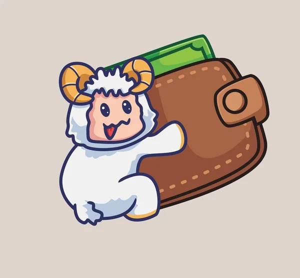 Cute Sheep Hug Giant Wallet Money Isolated Cartoon Object Illustration — Vector de stock