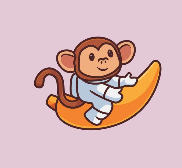 Cute Astronaut Monkey Suit Riding Banana Rocket Isolated Cartoon Animal — Stock Vector