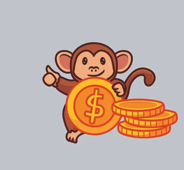 Cute Monkey Collect Money Isolated Cartoon Animal Nature Illustration Flat — Vettoriale Stock