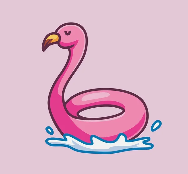 Cute Flamingo Lifebuoy Pink Water Isolated Cartoon Object Illustration Flat — Vetor de Stock