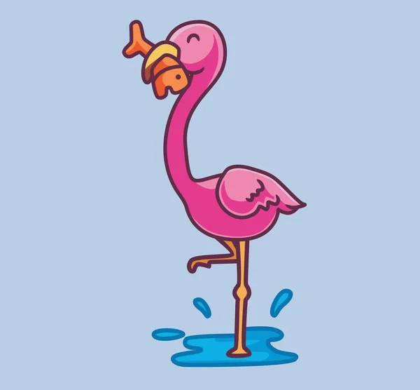 Cute Flamingo Catching Fish Isolated Cartoon Animal Nature Illustration Flat — Image vectorielle