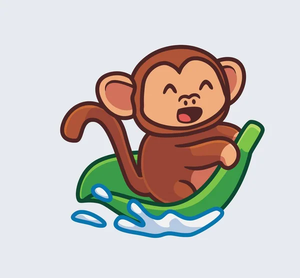 Cute Monkey Playing Giant Leaf Water Isolated Cartoon Animal Nature — Wektor stockowy