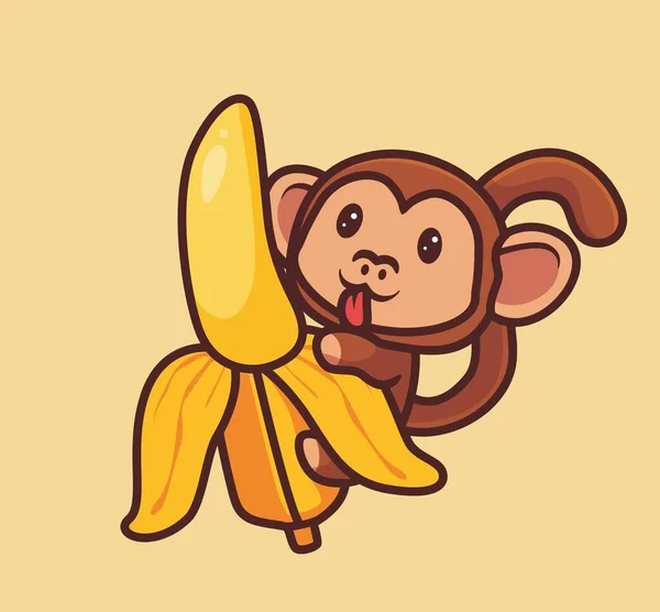 Cute Hungry Monkey Want Eat Giant Banana Isolated Cartoon Animal — ストックベクタ