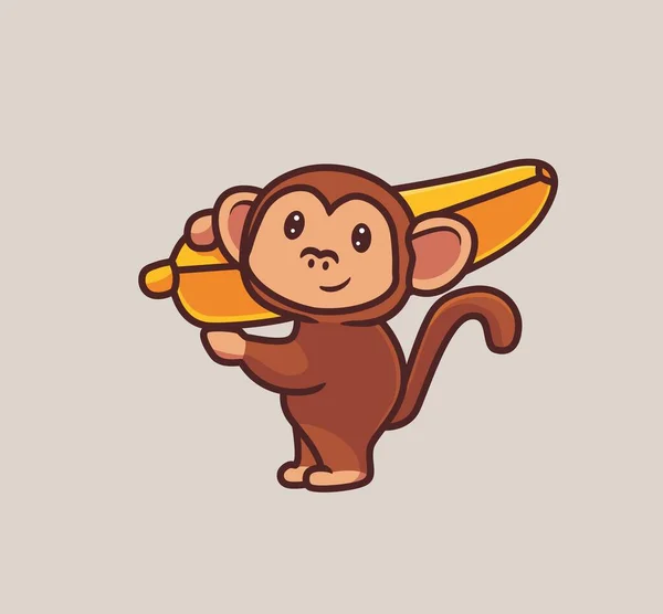 Cute Monkey Bring Giant Banana Isolated Cartoon Animal Nature Illustration — Stock Vector