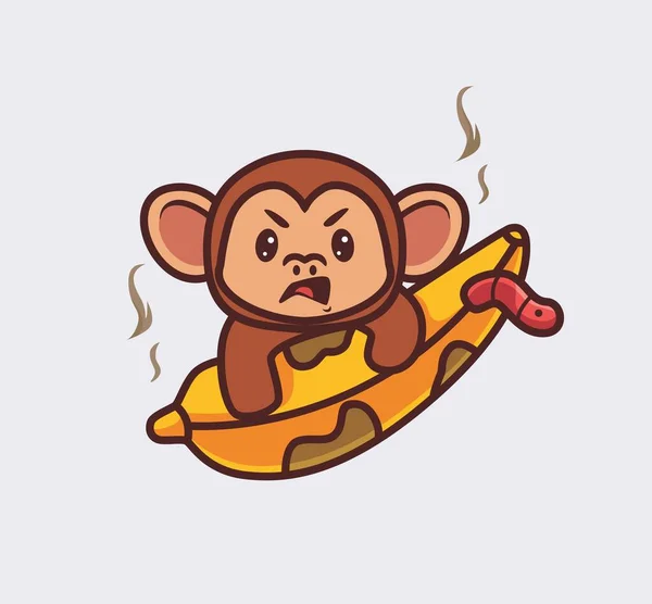 Cute Monkey Sad His Banana Rotten Worm Isolated Cartoon Animal — Vector de stock