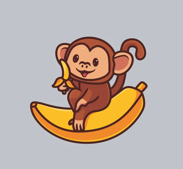 Cute Monkey Eating Giant Banana Isolated Cartoon Animal Nature Illustration — Wektor stockowy