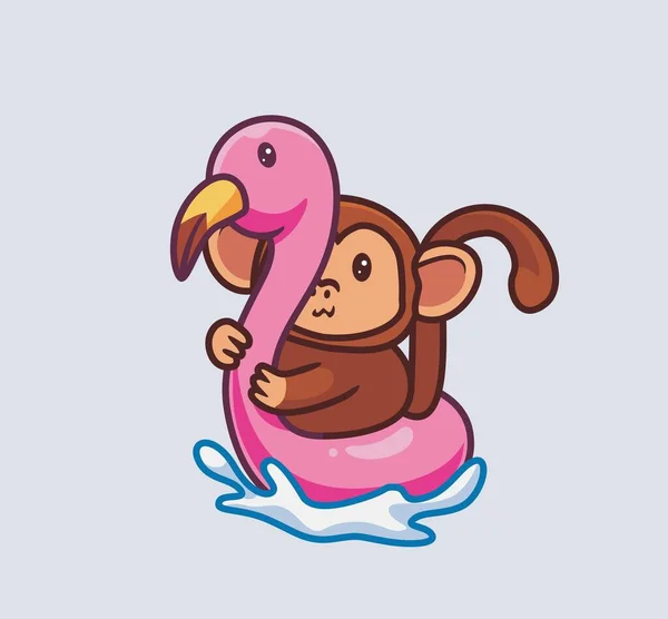 Cute Monkey Play Flamingo Buoy Summer Isolated Cartoon Animal Nature — Stockový vektor