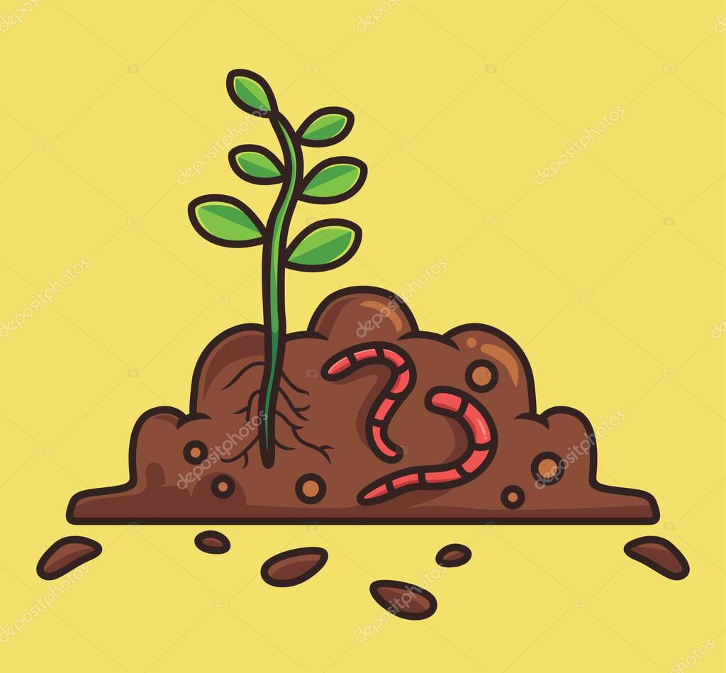 Cute worm fertilizer a plant. cartoon animal nature concept Isolated illustration. Flat Style suitable for Sticker Icon Design Premium Logo vector. Mascot Character
