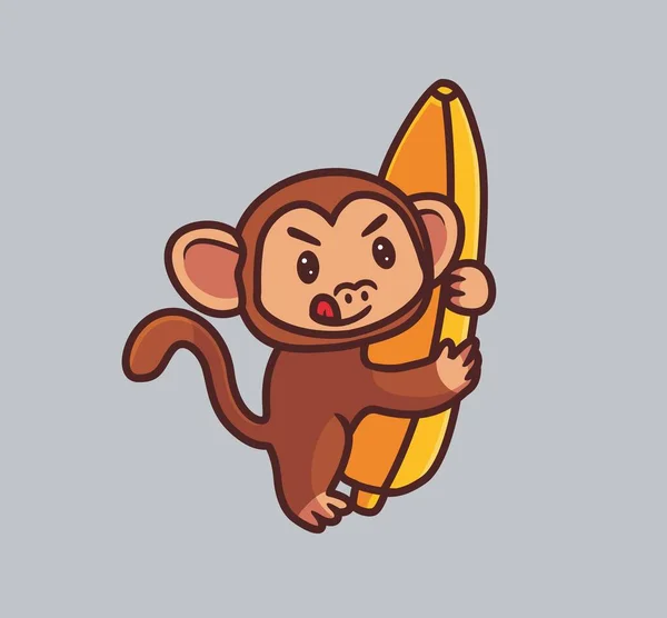 Cute Hungry Monkey Hugging Giant Banana Isolated Cartoon Animal Nature — Stock Vector
