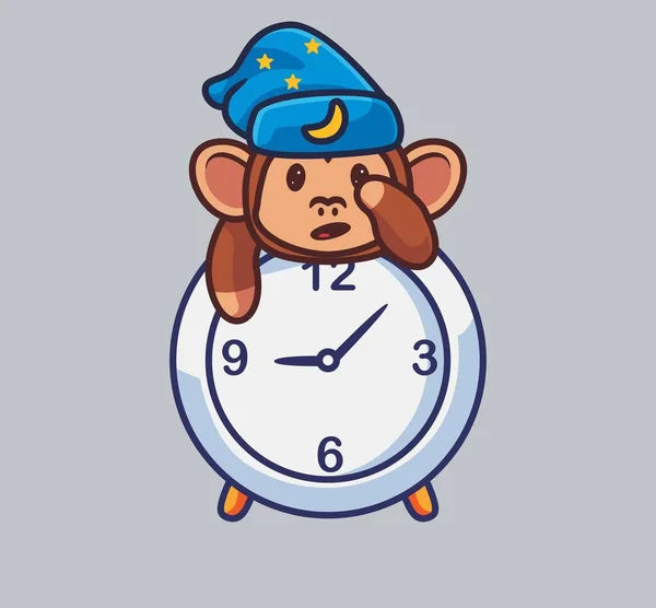 Cute Monkey Wake Clock Alarm Isolated Cartoon Animal Nature Illustration — Vettoriale Stock
