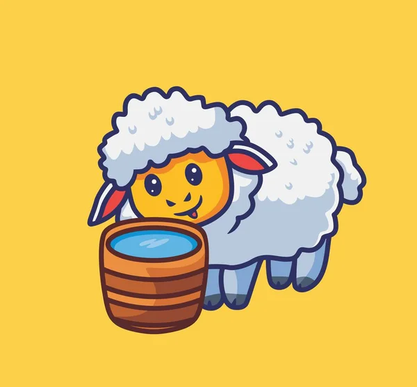 Cute Sheep Thirsty Drink Wooden Bucket Isolated Cartoon Animal Nature — Image vectorielle