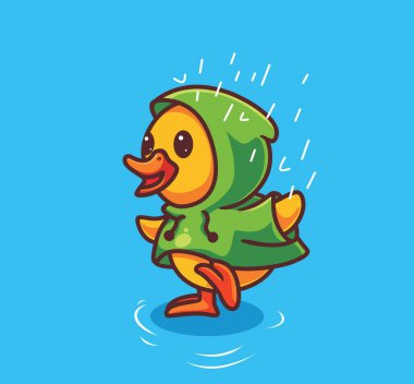 cute duck wearing raincoat rain. isolated cartoon animal nature illustration. Flat Style Sticker Icon Design Premium Logo vector. Mascot Character