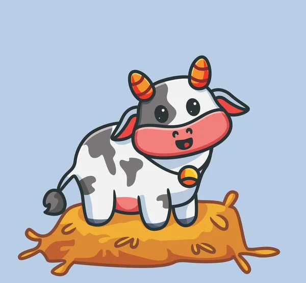 Cute Cow Stand Straw Isolated Cartoon Animal Nature Illustration Flat — ストックベクタ