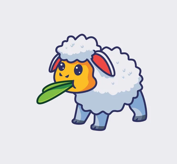 Cute Sheep Eating Leaf Isolated Cartoon Animal Nature Illustration Flat — Wektor stockowy