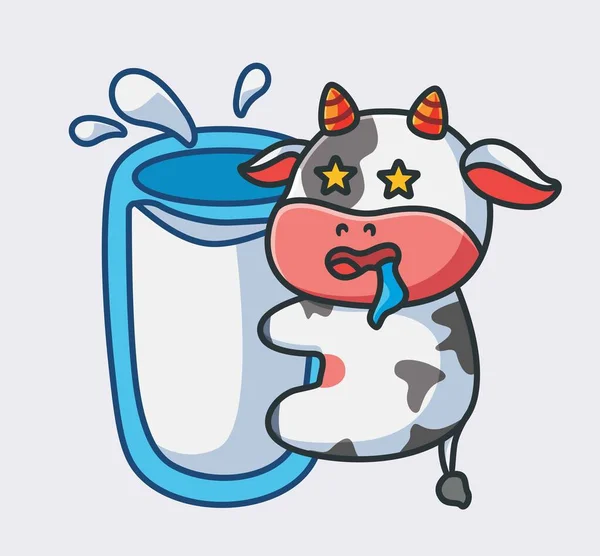 Cute Cow Drink Milk Giant Glass Isolated Cartoon Animal Nature — Stockvector