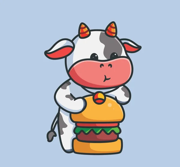 Cute Cow Eating Burger Isolated Cartoon Animal Nature Illustration Flat — ストックベクタ