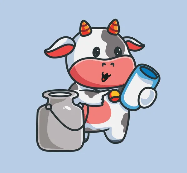 Cute Cow Drink Fresh Milk Isolated Cartoon Animal Nature Illustration — ストックベクタ