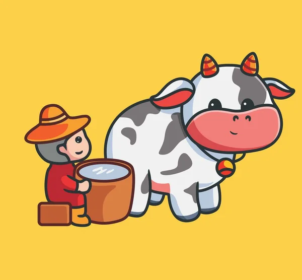 Cute Farmer Take Milk Cow Isolated Cartoon Animal Nature Illustration — Image vectorielle