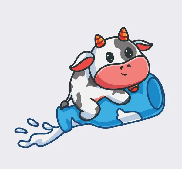 Мила Корова Їздить Пляшкою Ракетного Молока Ізольована Мультяшна Ілюстрація Природи — стоковий вектор